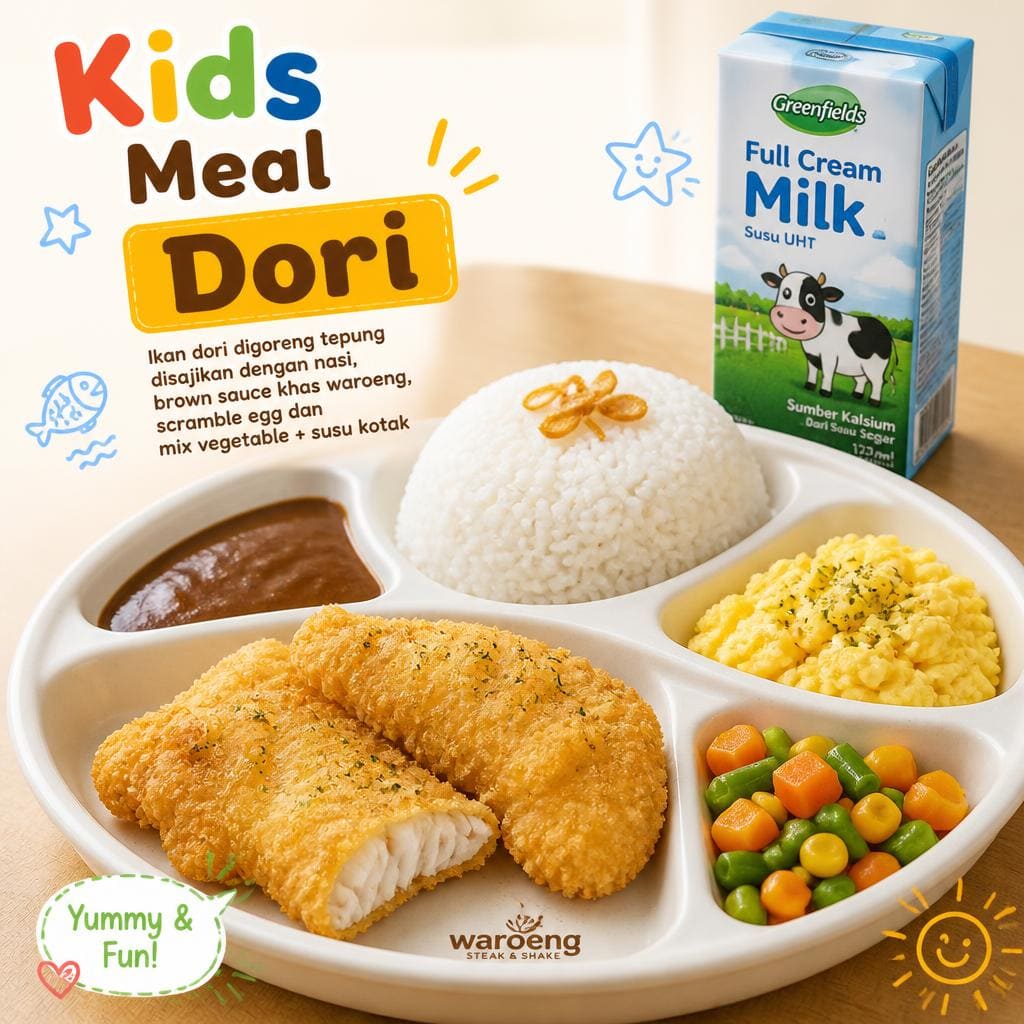 Kids Meal Dori dengan ikan dori goreng tepung, nasi, brown sauce, dan milk